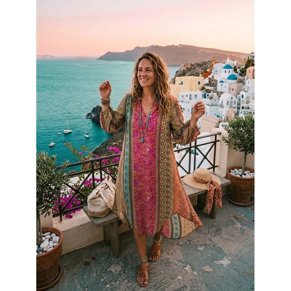World Market Boho Paisley High Low Dress S/M Festival Beach Coverup Long Sleeve